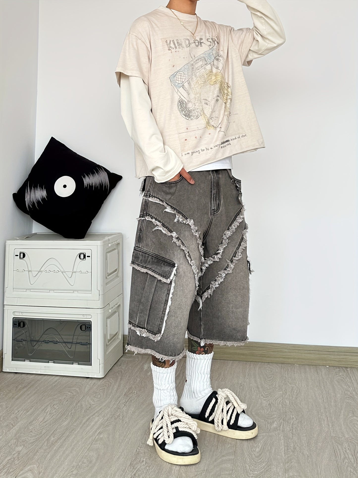 Pantalon Cargo Large en Jean Déconstruit à Franges – Style High-Street Américain, Coupe Ample, Sans Ceinture ni Accessoires