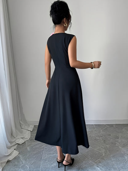 Robe Femme Sans Manches – Buste Colorblock, Découpes Modernes et Épaules Florales 3D, Ourlet Asymétrique