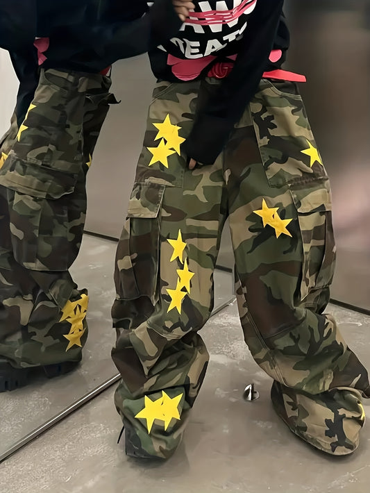 Jeans Camouflage Unisexe Coupe Ample – Pantalons Large-Jambe Style Y2K Rétro Américain, Broderie Étoile Art, Idéaux pour Toutes les Saisons