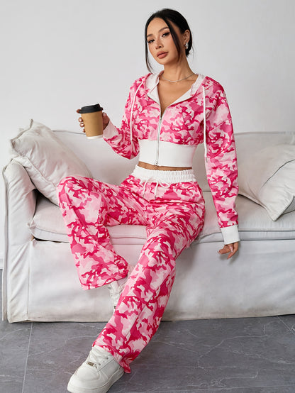 Ensemble Femme 2 Pièces – Top Zippé Court et Pantalon Long Camouflage, Look Décontracté et Tendance