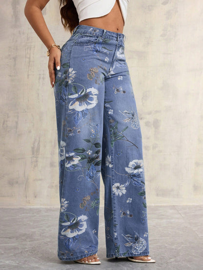 Jean femme vintage à jambes larges & imprimé floral
