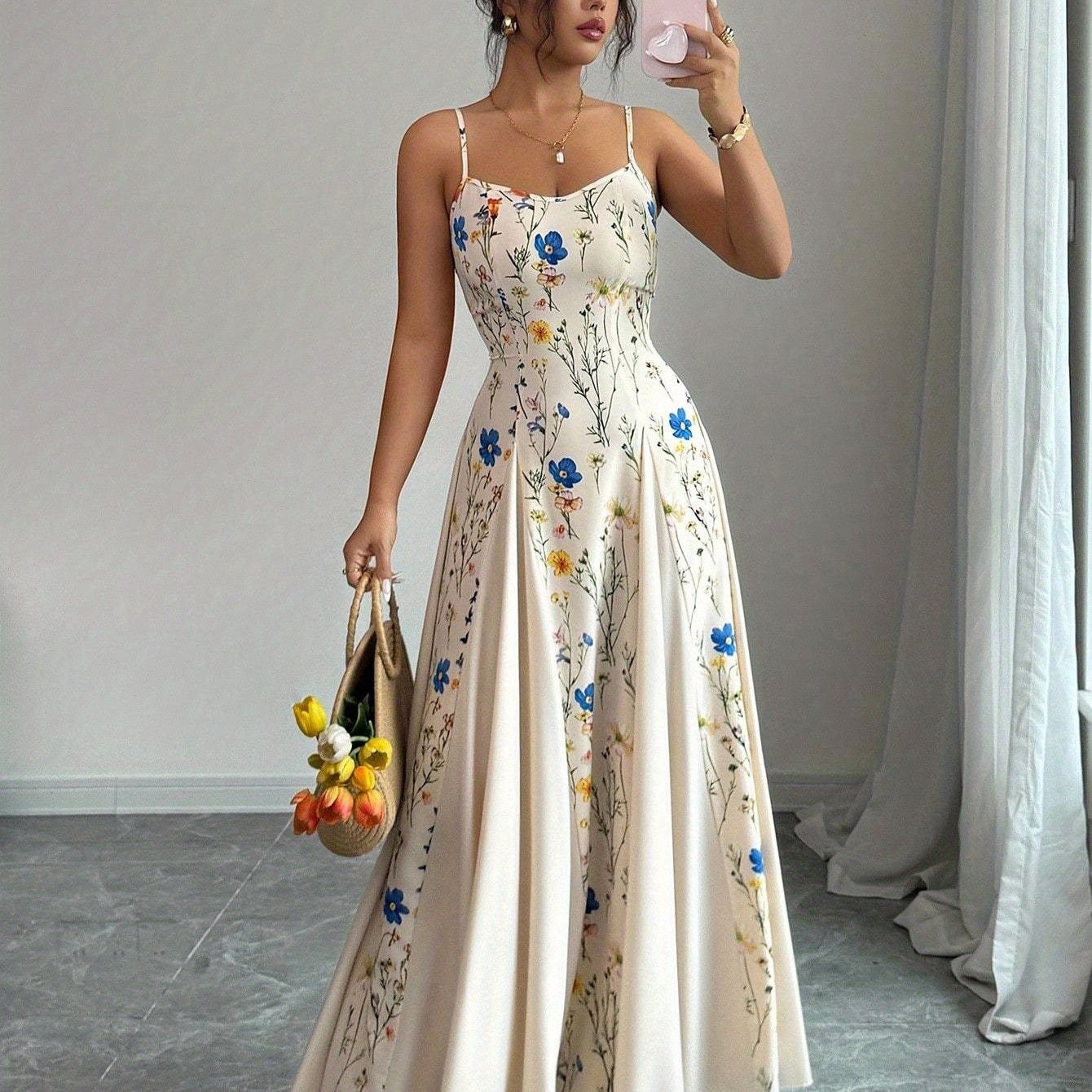 Robe Maxi Femme à Imprimé Floral – Bretelles Fines à la Française, Dos Nu, Jupe Évasée, Sans Manches, Parfaite pour Printemps et Été