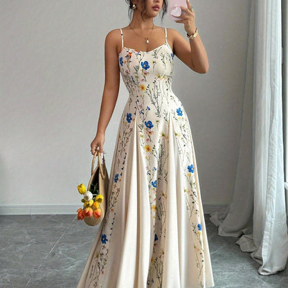 Robe Maxi Femme à Imprimé Floral – Bretelles Fines à la Française, Dos Nu, Jupe Évasée, Sans Manches, Parfaite pour Printemps et Été