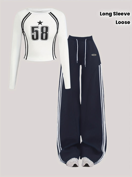 Ensemble femme 2pcs – T-shirt manches longues & pantalon à cordon