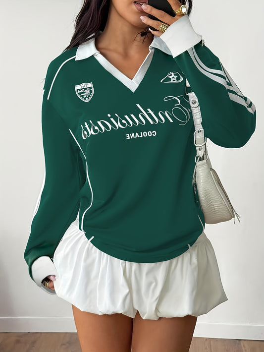 Sweatshirt Femme – Col Contrasté, Imprimé Lettres, Style Décontracté