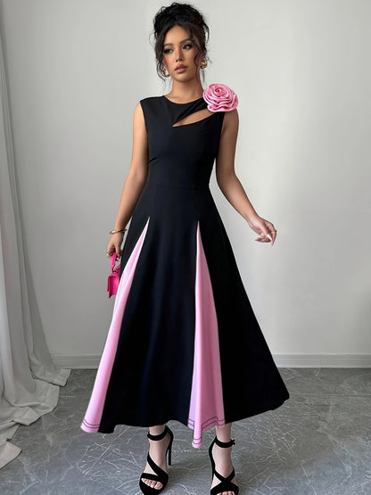 Robe Femme Sans Manches – Buste Colorblock, Découpes Modernes et Épaules Florales 3D, Ourlet Asymétrique