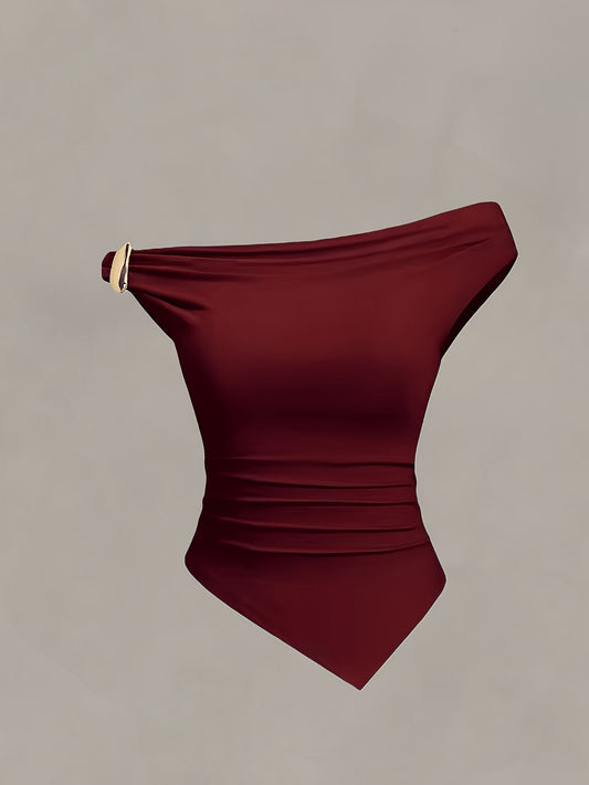 Ensemble 3 Tops Femme Épaules Dénudées Plissés – Coupe Cintrée & Boucles Métalliques (Noir/Bordeaux/Blanc)