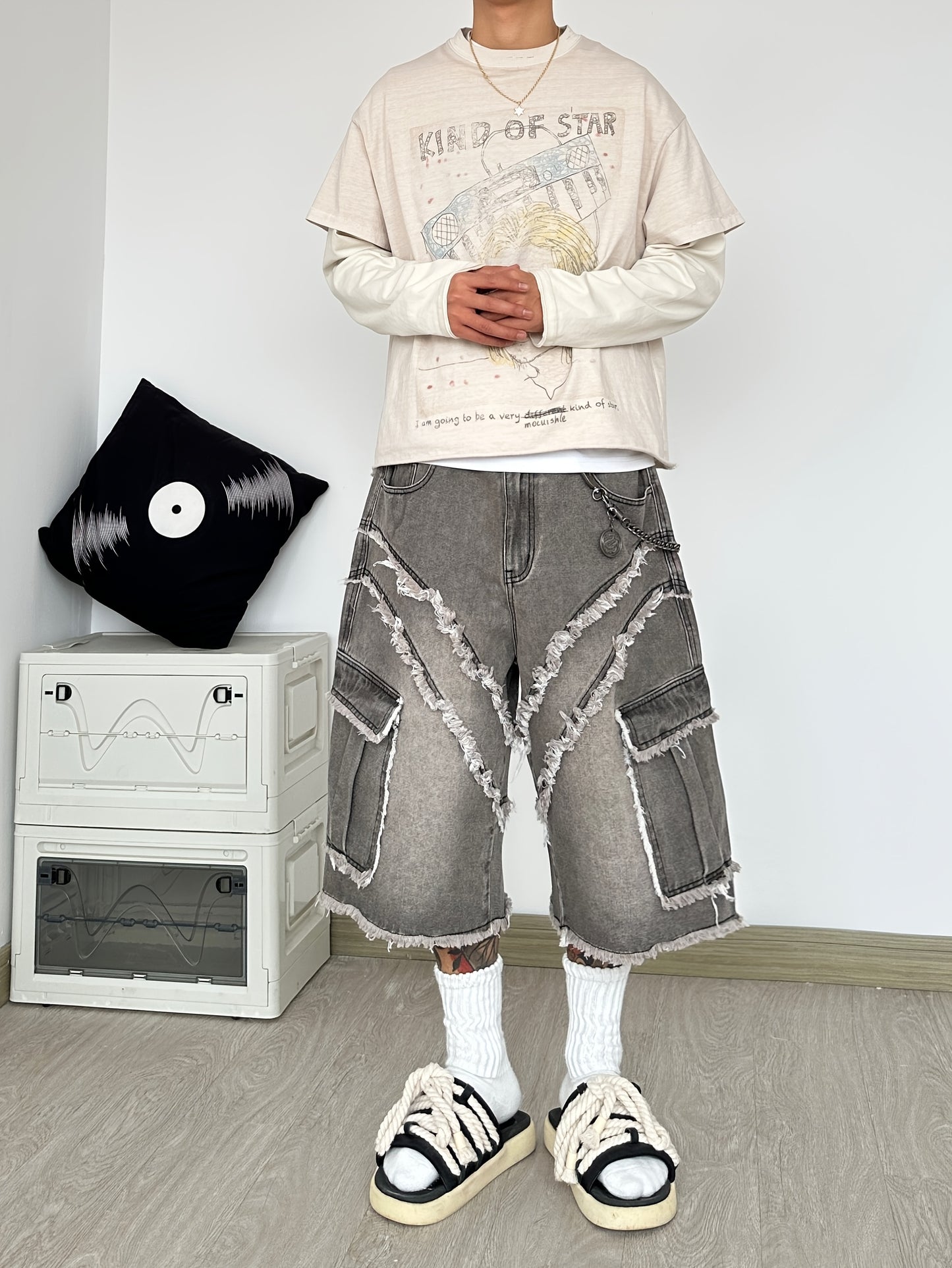 Pantalon Cargo Large en Jean Déconstruit à Franges – Style High-Street Américain, Coupe Ample, Sans Ceinture ni Accessoires