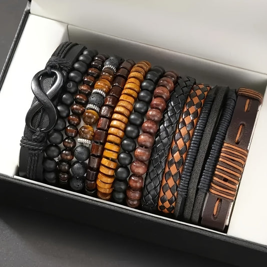 Lot de 12 Bracelets Tressés Rétro en Similicuir avec Perles Œil de Tigre & Pierre de Lune
