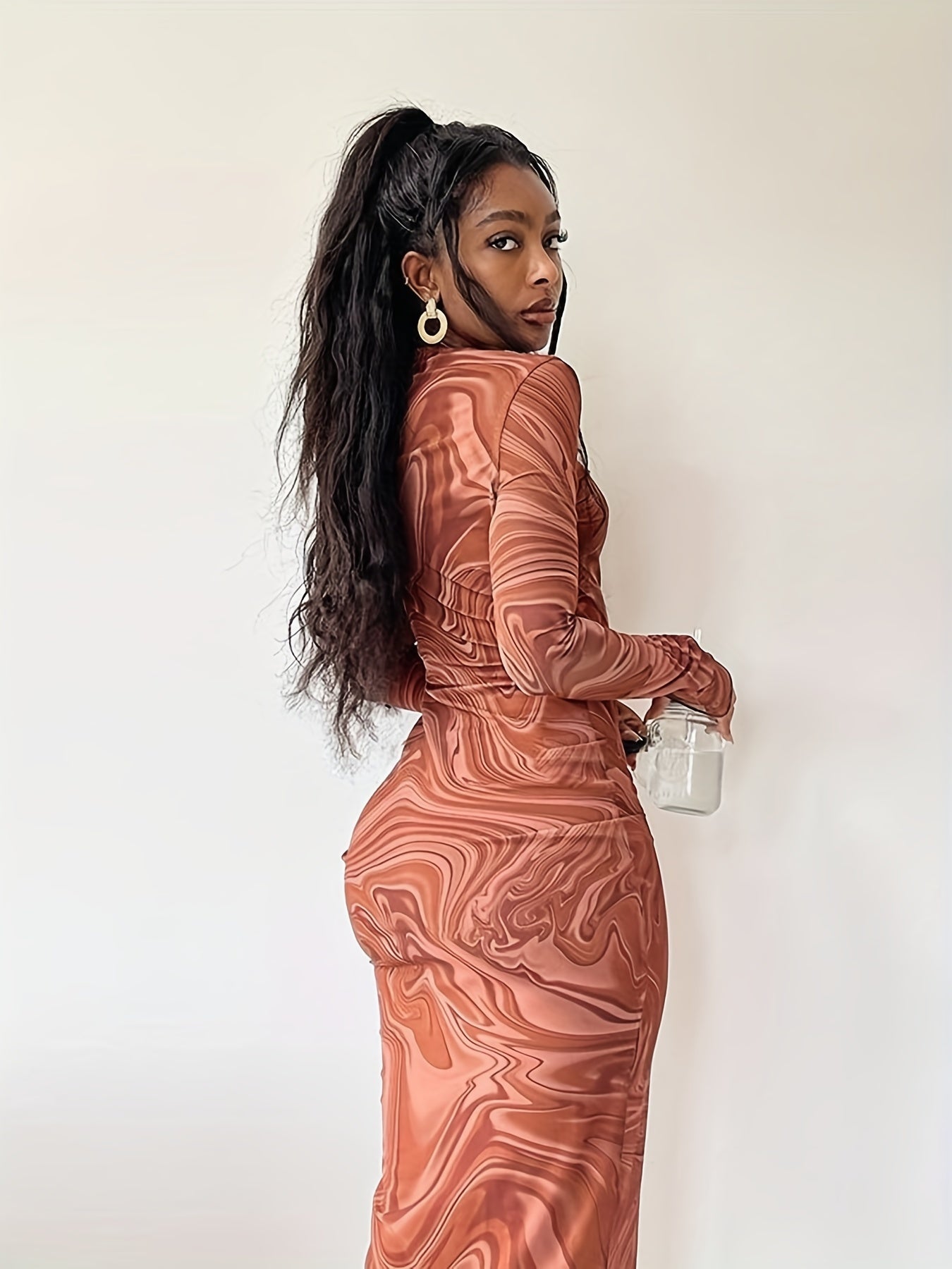 Abstract Ripple Print Dress, Sexy Mock Neck Long Sleeve Dress, Women's Clothing