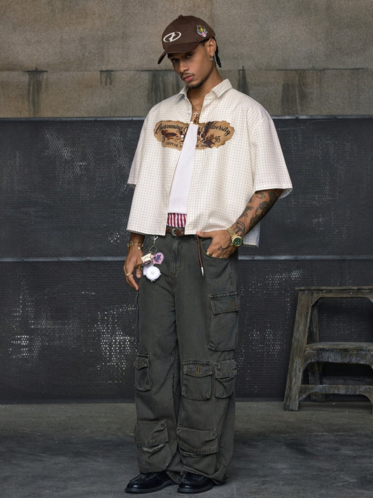 Chemise Courte Homme à Manches Courtes Motif Carreaux Vintage