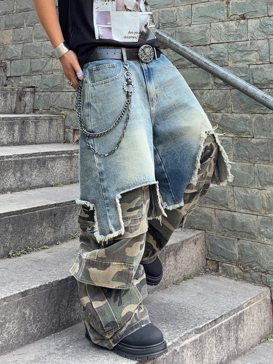 1 Pair of Men's Color-blocked Loose-fit Jeans, Y2K Vintage Street-style American Camouflage Multi-pocket Frayed Cargo Pants, Hip-hop Casual Daily Wear, Multiple Sizes Available, No Belt/no Accessories Included