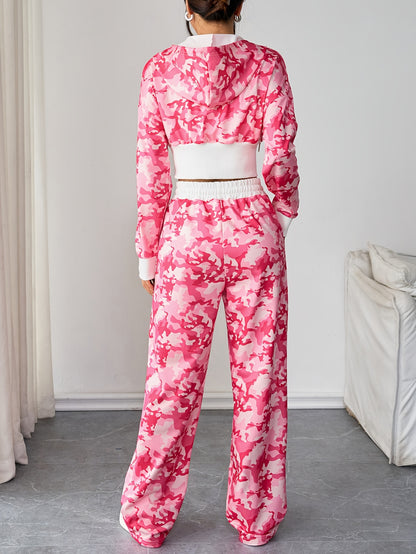 Ensemble Femme 2 Pièces – Top Zippé Court et Pantalon Long Camouflage, Look Décontracté et Tendance