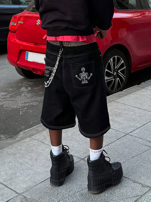 Bermuda en Jean Homme avec Broderie Crâne – Short Ample en Denim avec Broderie Lettres, Style Vintage Streetwear