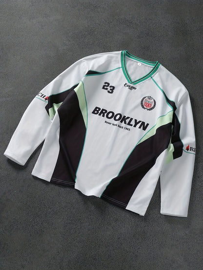 Maillot de Football à Manches Longues – Impression BROOKLYN en Blanc, Noir et Vert