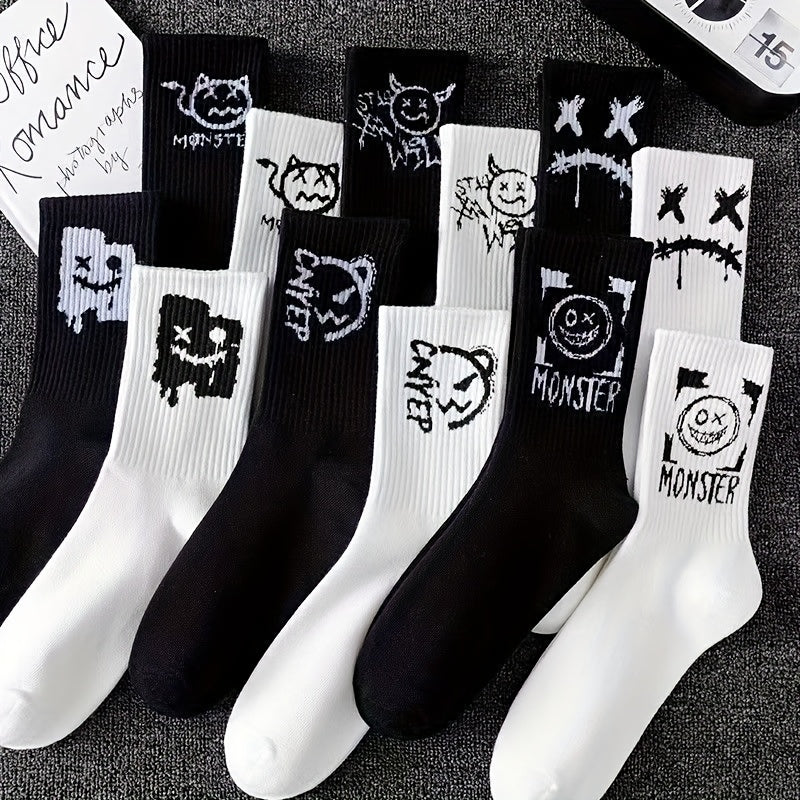 5 Paires de Chaussettes Mi-Mollet Noires & Blanches – Style Minimaliste et Cartoon