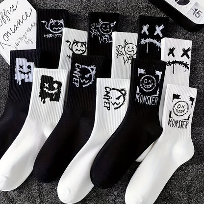 5 Paires de Chaussettes Mi-Mollet Noires & Blanches – Style Minimaliste et Cartoon