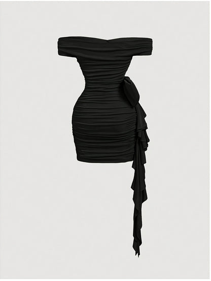 Robe Femme Bodycon – Col V, Deux Façons de Porter, Découpes Plissées Asymétriques avec Noeud, Sans Manches