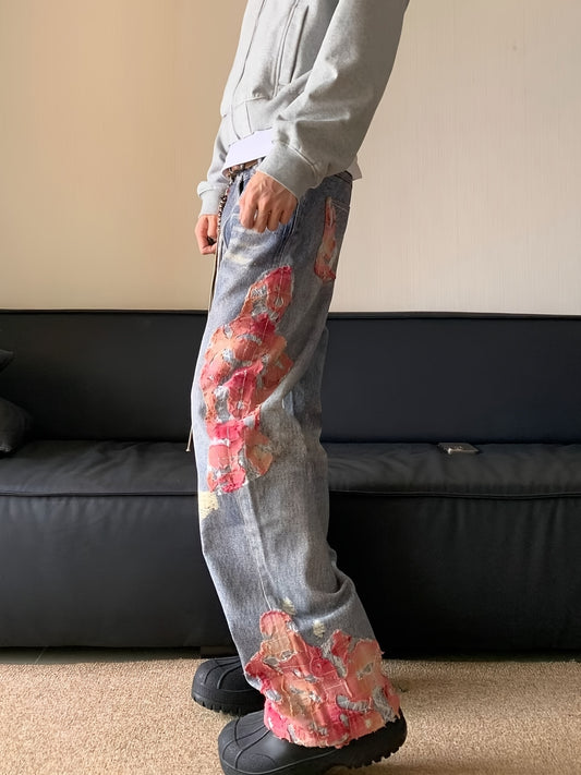 Jean Homme Vintage Américain Lavé à Effet Usé, Coupe Ample