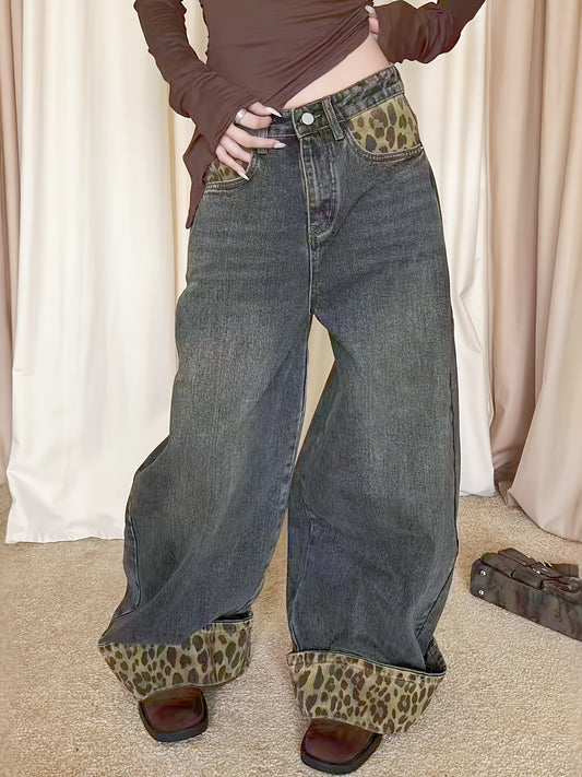 Women's Y2K Leopard Print Patchwork Wide-Leg Jeans, Loose Fit Straight Leg Pants for Spring, Summer, and Autumn, Versatile Fashion Trousers