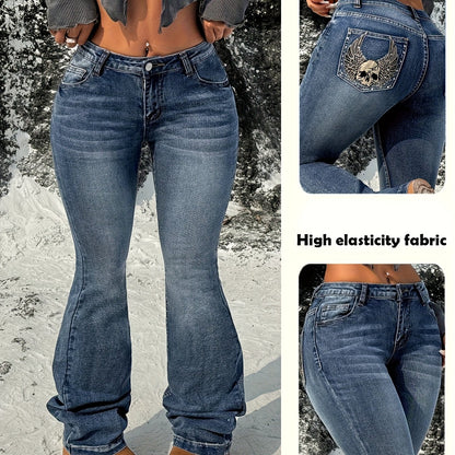 Embroidered Rhinestone Flare Leg Jeans | High Stretch, Mid Waist, Zipper Fly, Casual Style For Weekend Casual