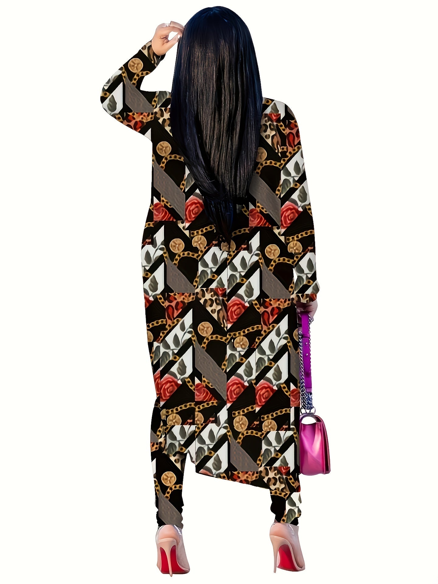 Casual Chain Print Two-piece Set, Long Sleeve Open Front Coat & High Waist Pants Outfits, Women's Clothing