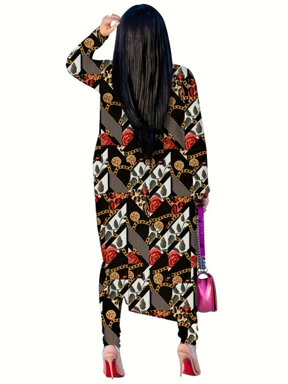 Casual Chain Print Two-piece Set, Long Sleeve Open Front Coat & High Waist Pants Outfits, Women's Clothing