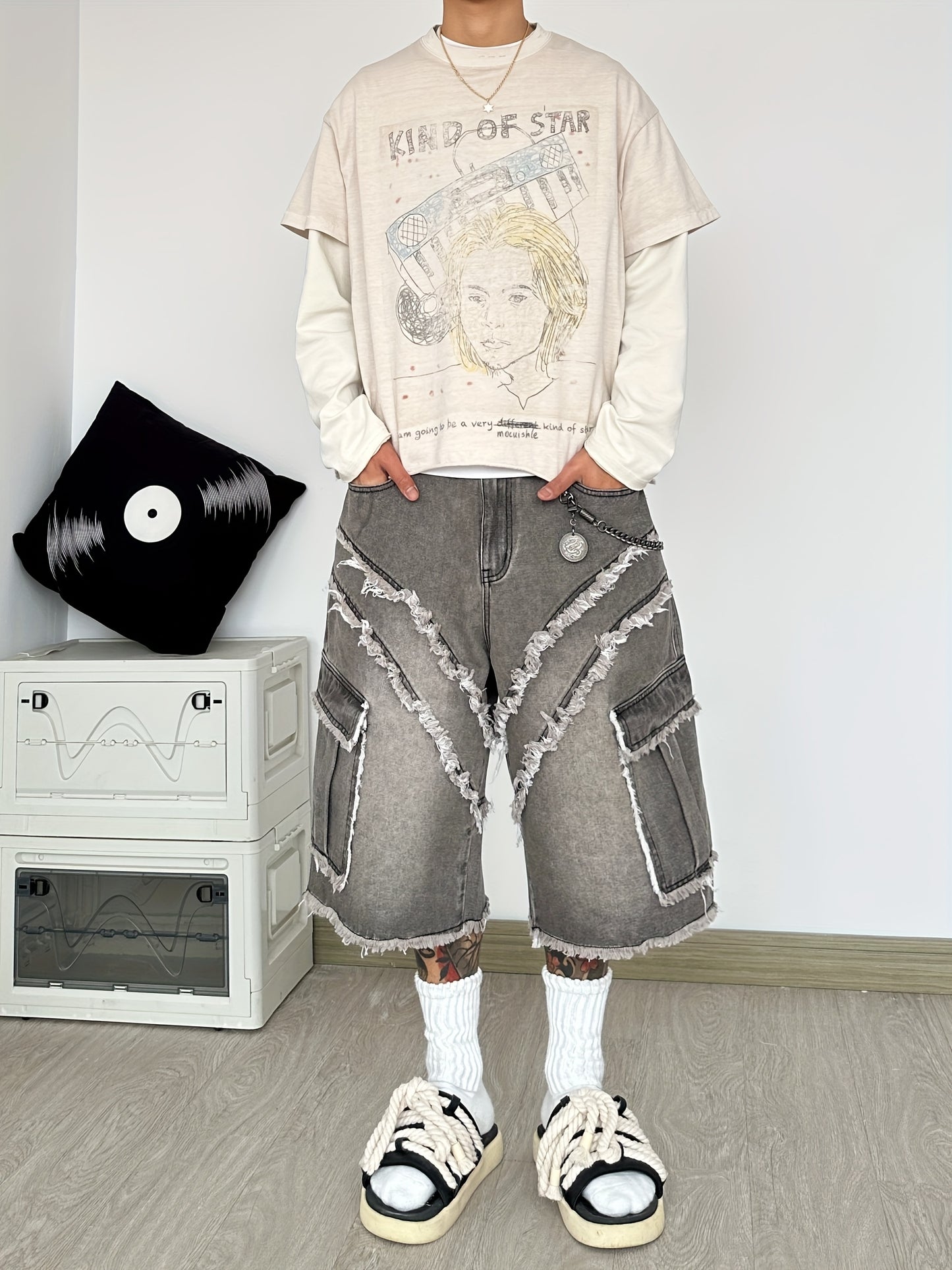 Pantalon Cargo Large en Jean Déconstruit à Franges – Style High-Street Américain, Coupe Ample, Sans Ceinture ni Accessoires