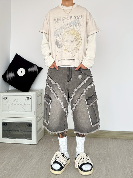 Pantalon Cargo Large en Jean Déconstruit à Franges – Style High-Street Américain, Coupe Ample, Sans Ceinture ni Accessoires