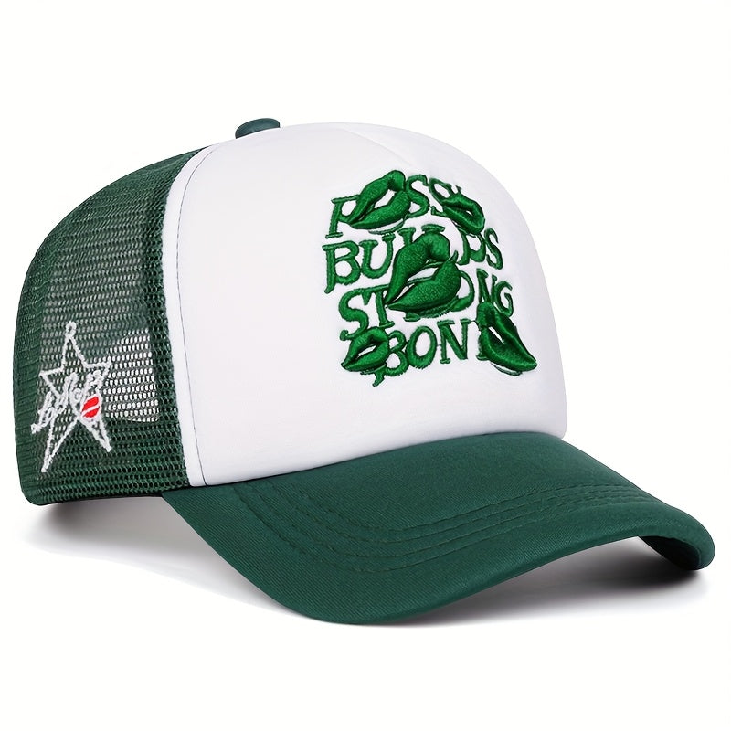 A Men'S Baseball Cap with Lip Print Embroidery, a Hip-Hop Trucker Hat for Outdoor Sports, Suitable for Women