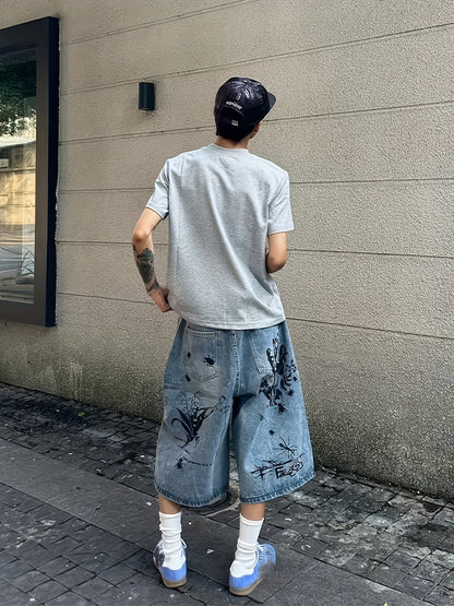 Short Jean Unisexe Style Rétro – Imprimé Graffiti Streetwear, Coupe Ample