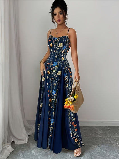 Robe Maxi Femme à Imprimé Floral – Bretelles Fines à la Française, Dos Nu, Jupe Évasée, Sans Manches, Parfaite pour Printemps et Été