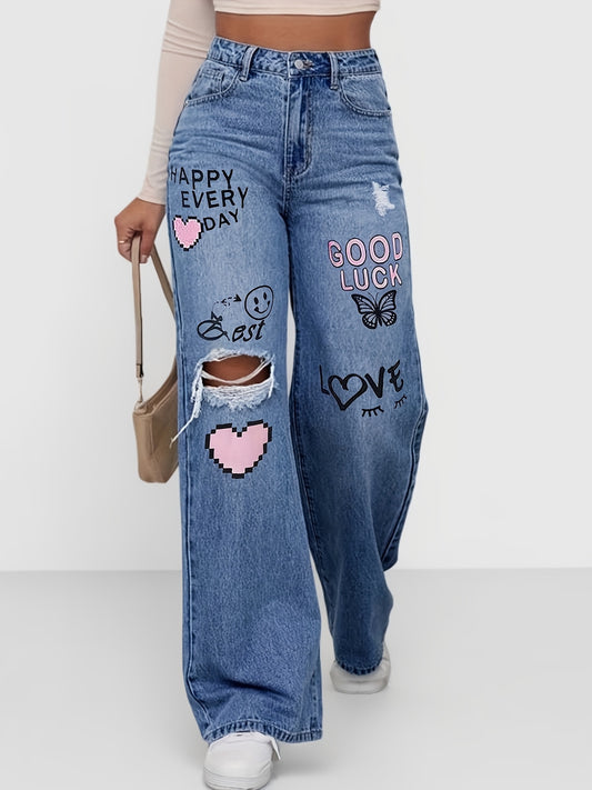 DK1120*Y2K Retro Print High-Waisted Wide-Leg Jeans for Women - Medium Blue Ripped Pants with 'joyful Face' Pattern