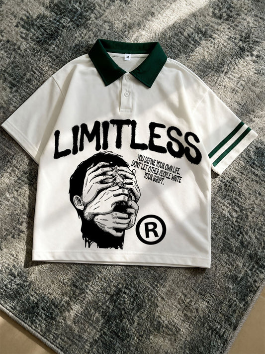 American Streetwear Brand Vintage Contrast Green Collar Shirt with LIMITLESS Motivational Print - Summer Short Sleeve Button-Front Top, Loose Fit Casual Street Style for Urban Fashion & Confidence-Boosting Outfits (Machine