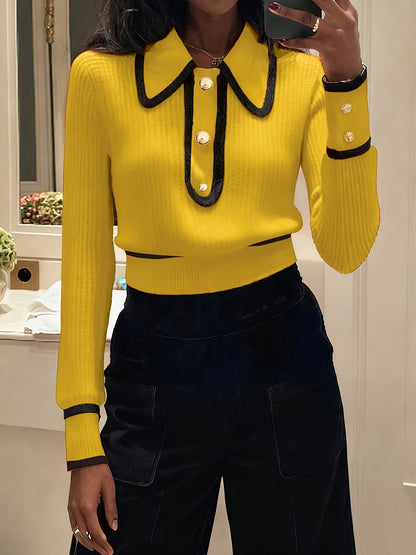 Pull femme élégant – Col spliced & boutons métalliques