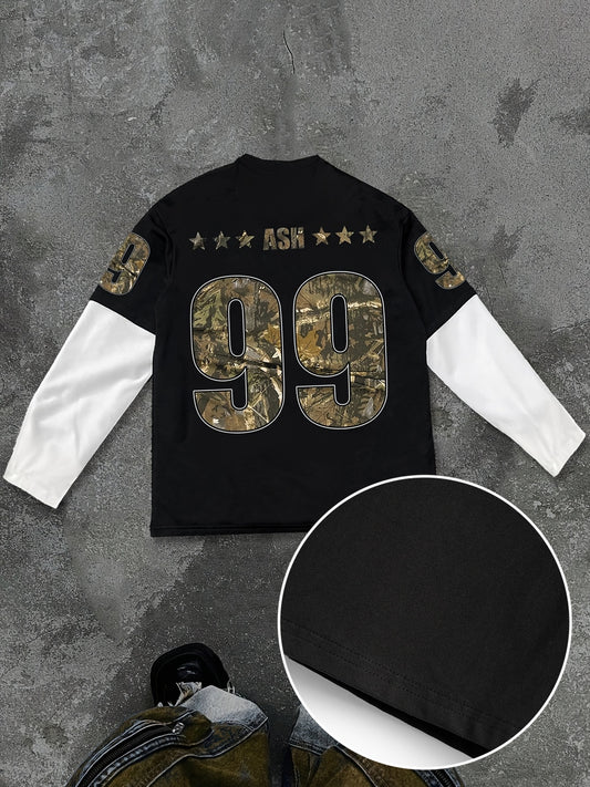 Haut Homme à Manches Longues Effet 2-en-1 Motif Lettres et Design Digital 1992