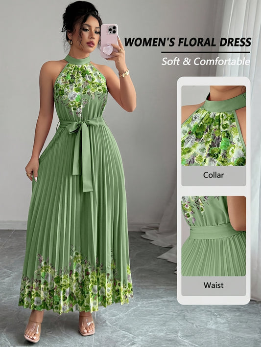 Robe à Fleurs – Col Halter et Jupe Plissée, Confortable et Stylée