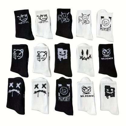 5 Paires de Chaussettes Mi-Mollet Noires & Blanches – Style Minimaliste et Cartoon