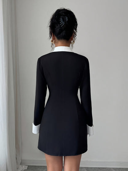 Robe Courte Femme – Style Français, Double Boutonnage, Noir et Blanc, Parfaite pour Soirées et Sorties