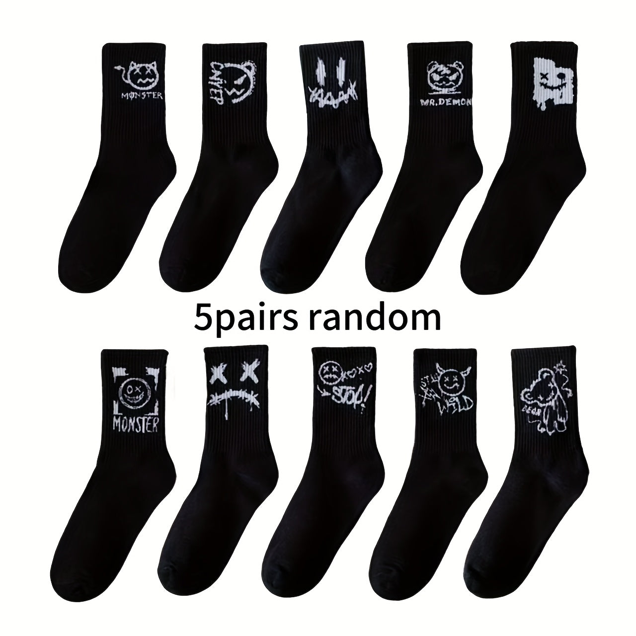 5 Paires de Chaussettes Mi-Mollet Noires & Blanches – Style Minimaliste et Cartoon