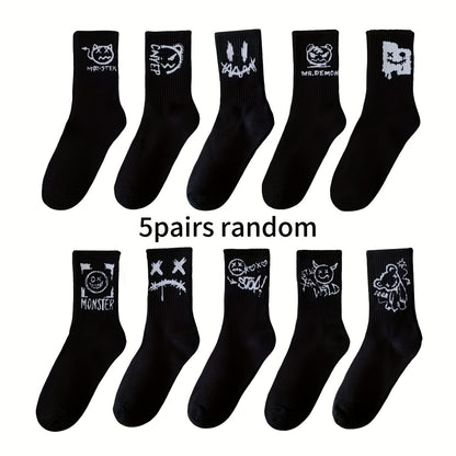 5 Paires de Chaussettes Mi-Mollet Noires & Blanches – Style Minimaliste et Cartoon