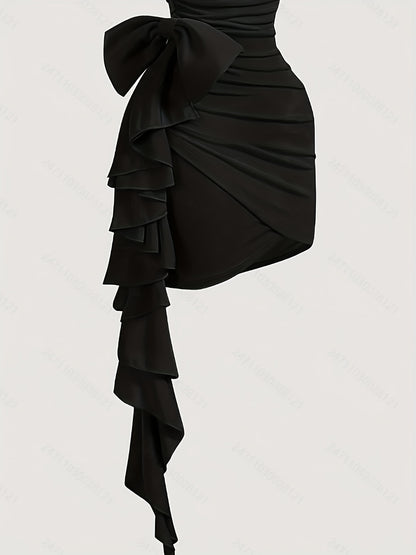 Robe Femme Bodycon – Col V, Deux Façons de Porter, Découpes Plissées Asymétriques avec Noeud, Sans Manches