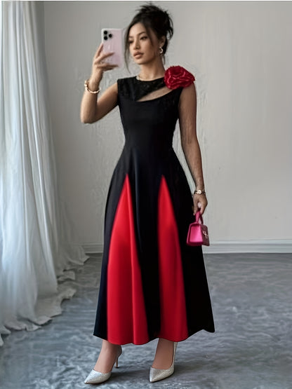 Robe Femme Sans Manches – Buste Colorblock, Découpes Modernes et Épaules Florales 3D, Ourlet Asymétrique