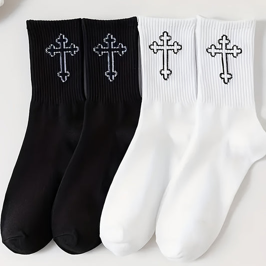 Lot de 4 Chaussettes Unisexe – Style Sportif, Motif Croix, Pour Couple ou Entraînement