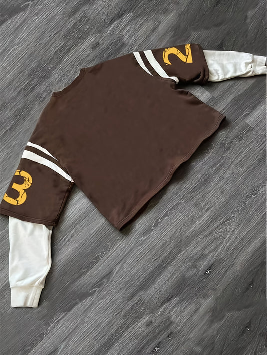 T-Shirt Homme Effet 2-en-1 – Imprimé Lettre, Manches Longues, Style Streetwear