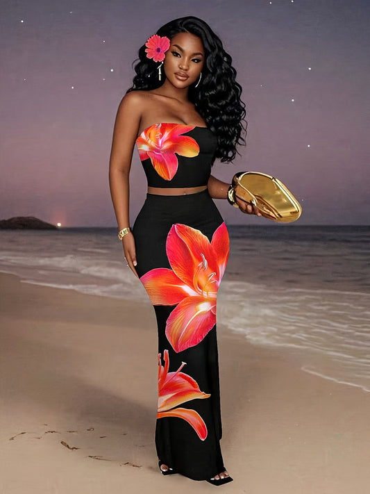 Ensemble Femme Noir – Top Strapless à Fleurs Rouges et Jupe Longue, Look Vacances