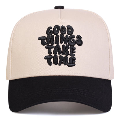 1pc Men's GOOD THINGS TAKE TIME Letter Baseball Cap, Fashion Five-Panel Adjustable Casual Outdoor Hat for Spring Autumn Travel Beach Party