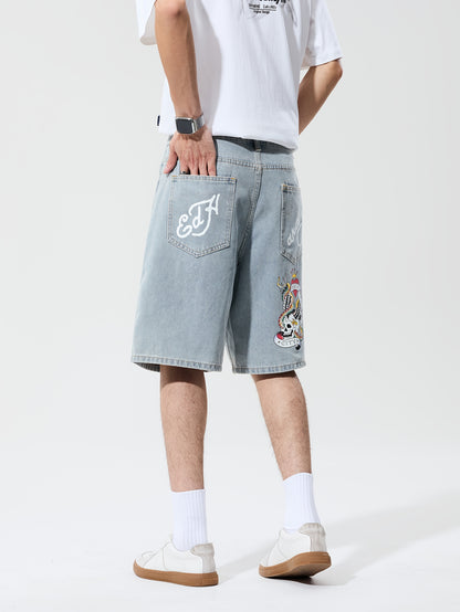 1pc Men's Streetwear Shorts - Loose Fit Non-Stretch Jeans-like Pants with Lettering, Knee-Length Casual Urban Outfit for Concerts, Festivals - Machine Washable, Concert Attire, Trendy Design, Denimlike Fabric, Festival Goers