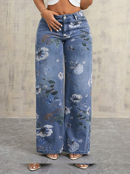 Jean femme vintage à jambes larges & imprimé floral