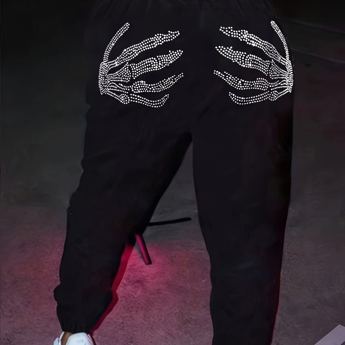 1pc Women's Casual Polyester Jogger Pants with Elastic Waistband, Embellished Skeleton Hands, and Letter Detail - All Season Knit Joggers with Cuffed Ankles